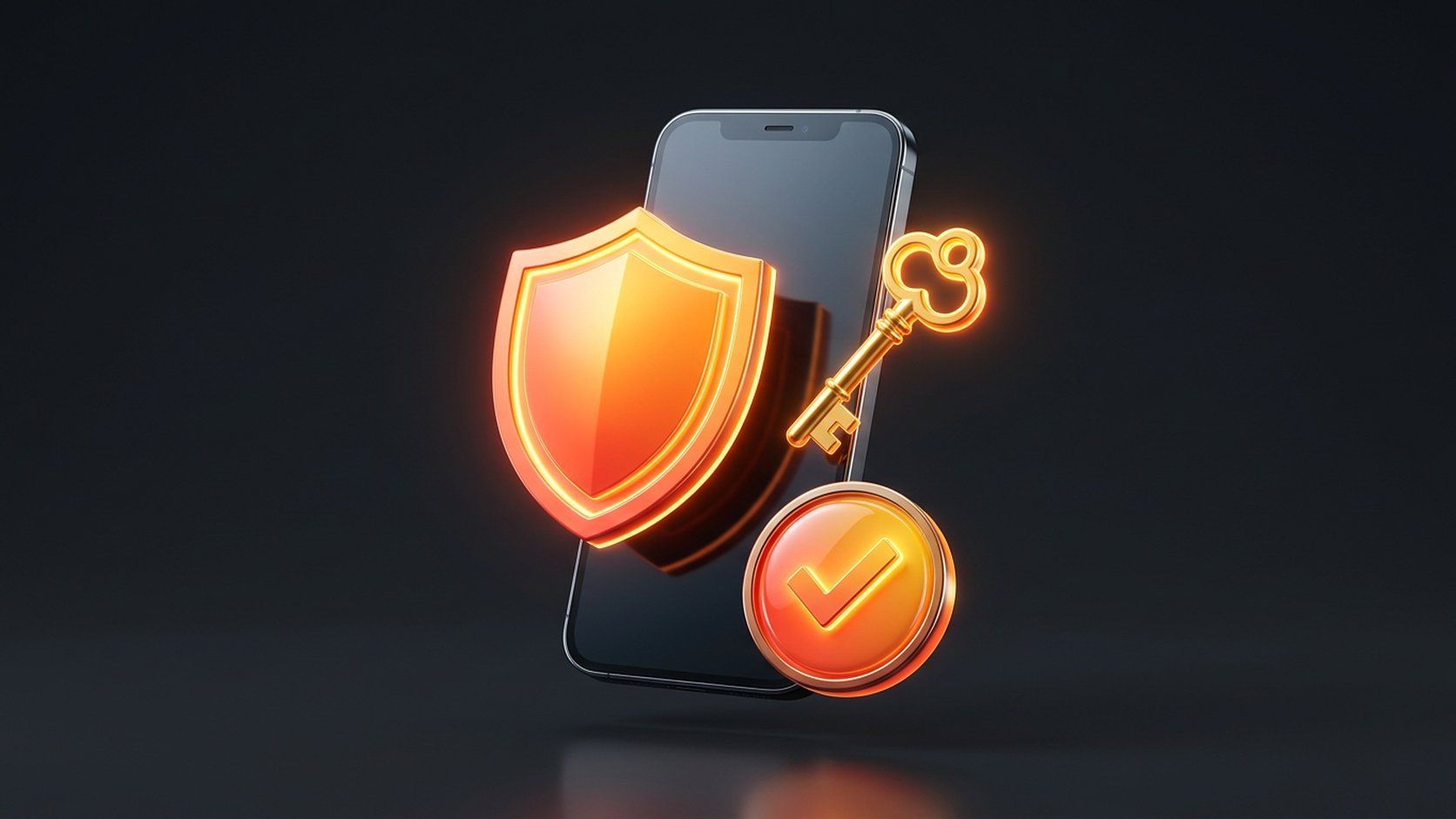 Смартфон со щитом ключом и круглым значком галочки перед экраном