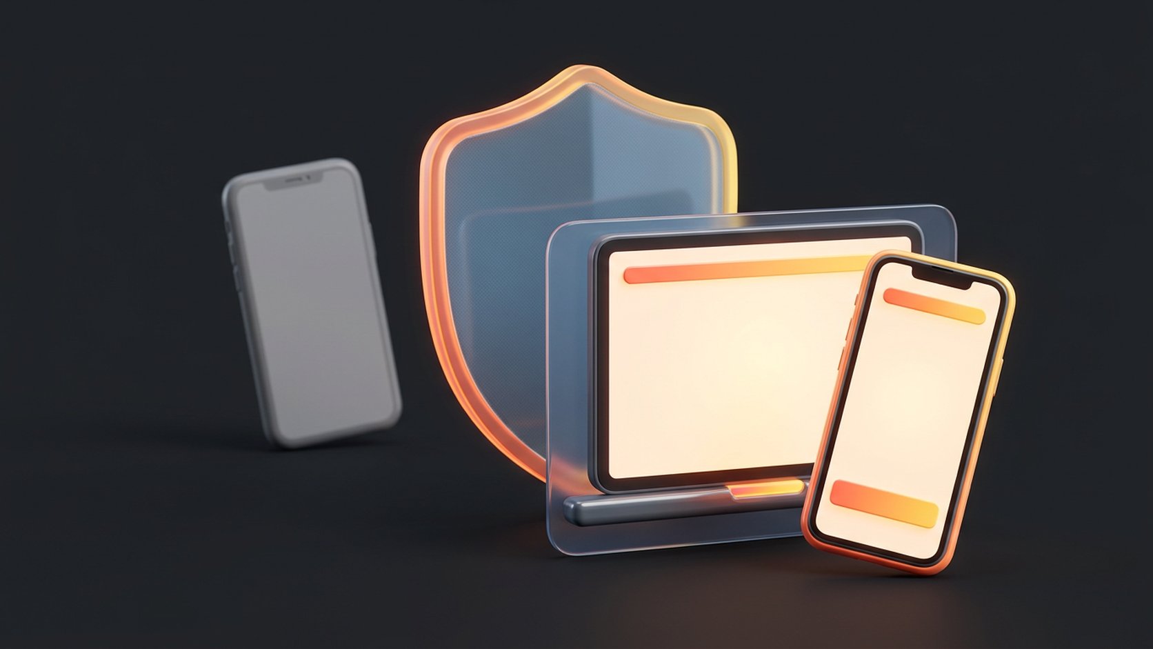 Серый незнакомый телефон слева справа ноутбук и смартфон под щитом
